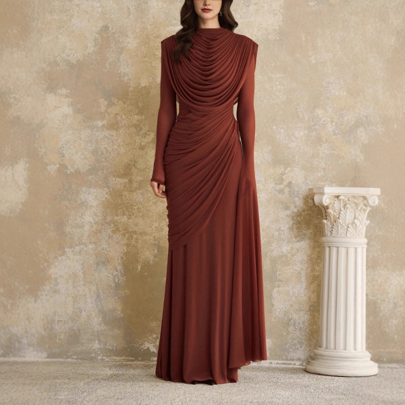 Linen Dress Wrap - Solid Draped Neckline Long Dress Women