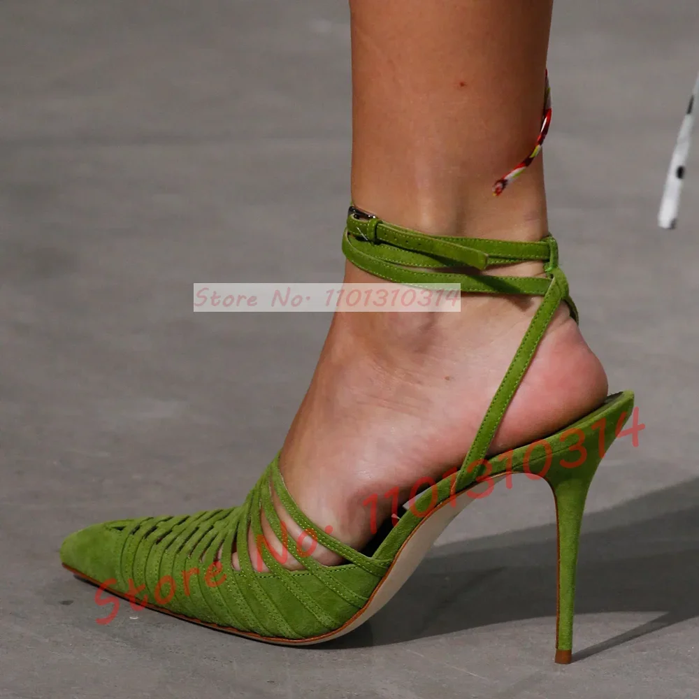 Sandal Strappy Heeled - Green Vegan Suede Strappy Sandals Ladies