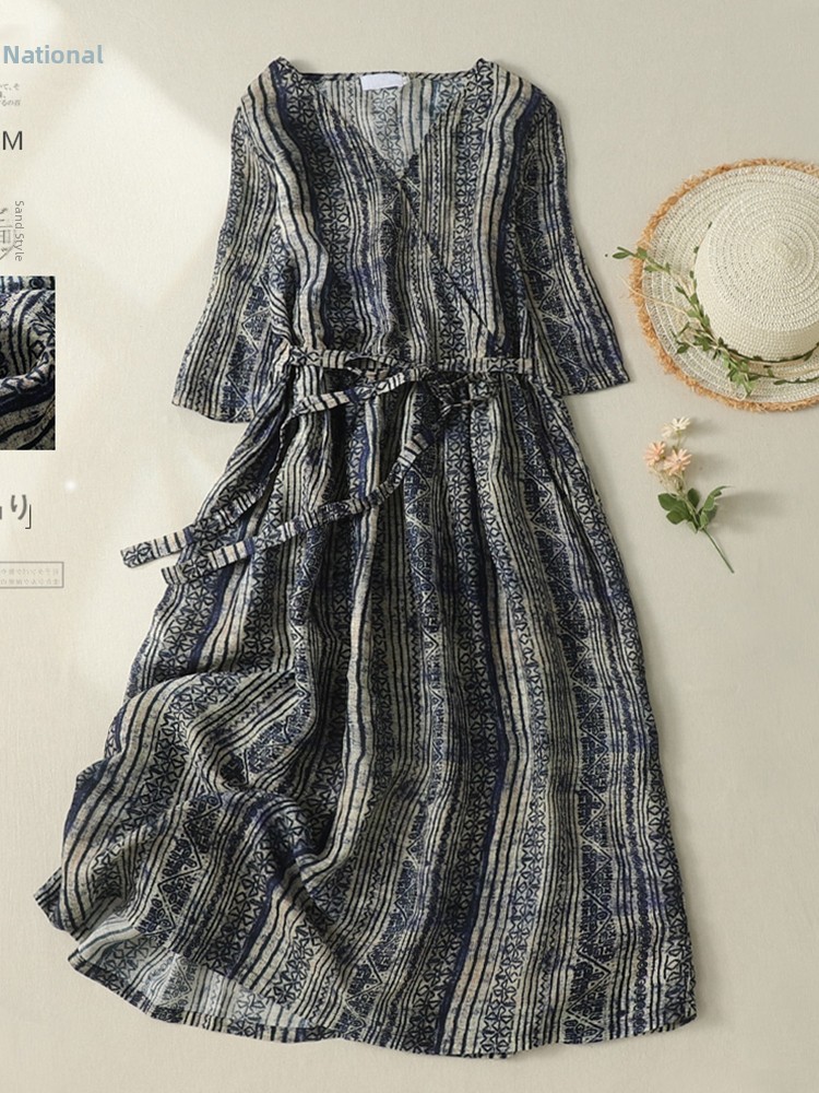 V-Neck Short Sleeve Midi Dress - Linen Dress Wrap บทวิจารณ์และราคา
