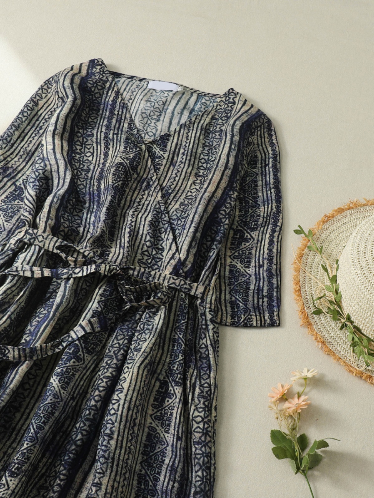 V-Neck Short Sleeve Midi Dress - Linen Dress Wrap บทวิจารณ์และราคา