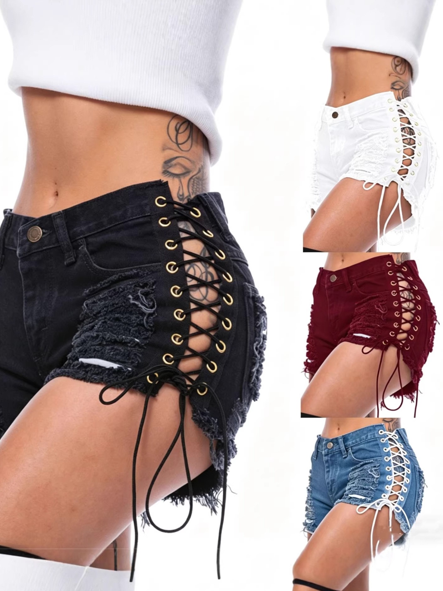 Cotton Denim Shorts Low Waist  - Shorts Denim Frayed บทวิจารณ์และราคา