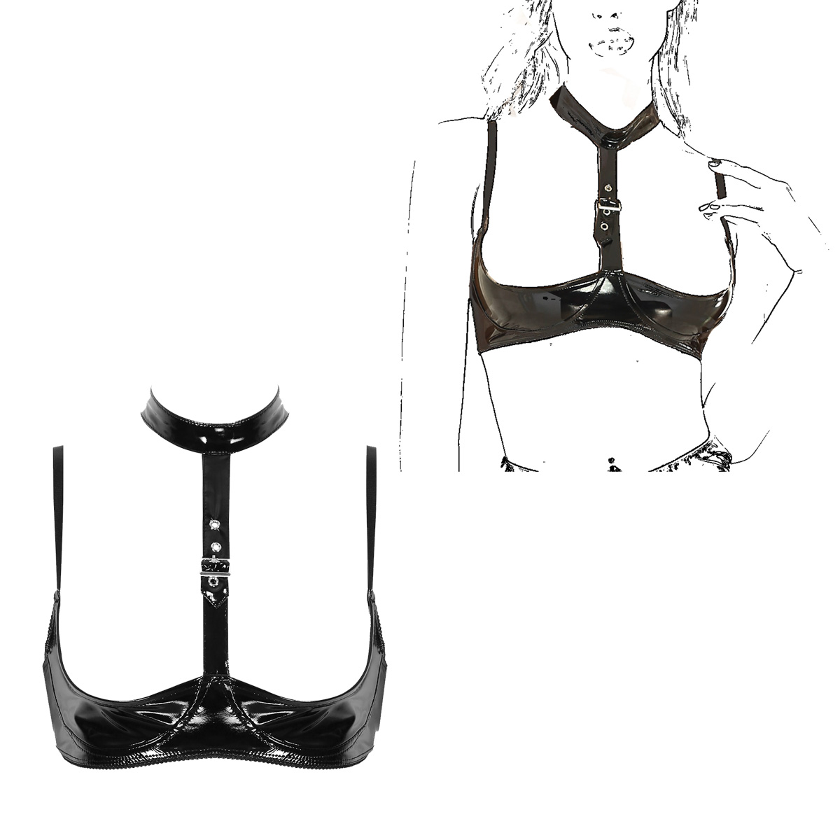 Womens Patent Leather Lingerie - Bralette Triangle Set บทวิจารณ์และราคา