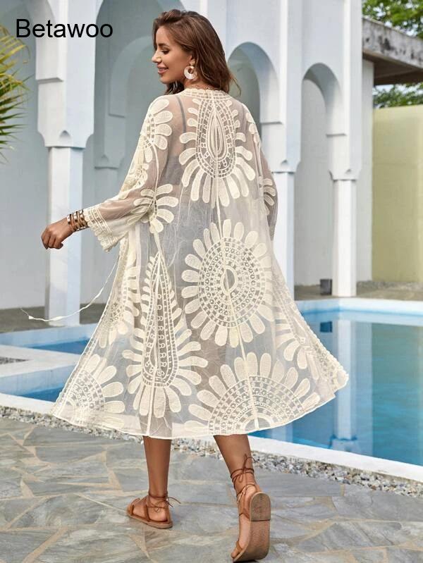 Women White Boho Floral Hollow - Kimono Sheer Floral บทวิจารณ์และราคา