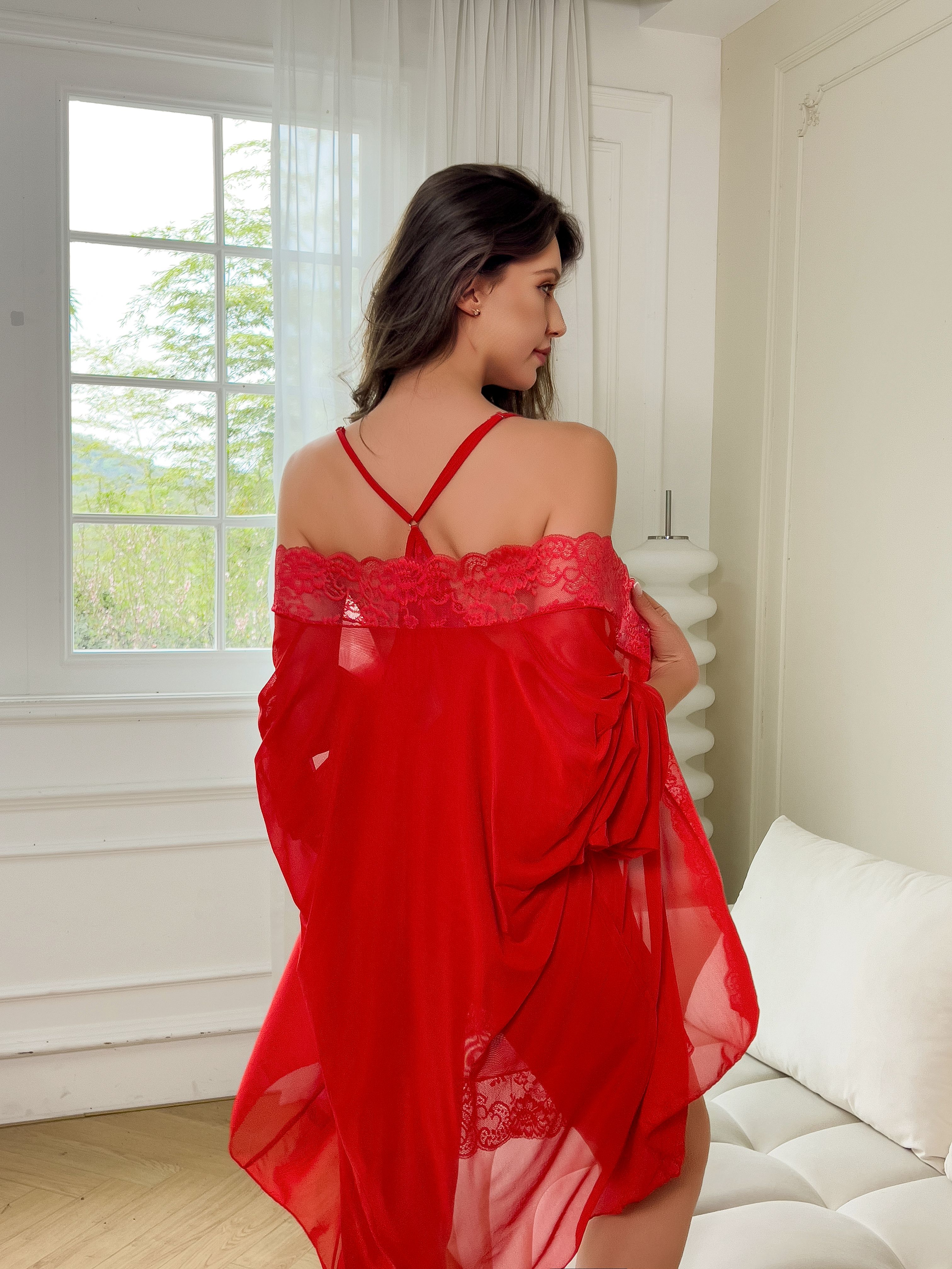Plus Size Women Sexy Red Sheer - Kimono Sheer Floral บทวิจารณ์และราคา