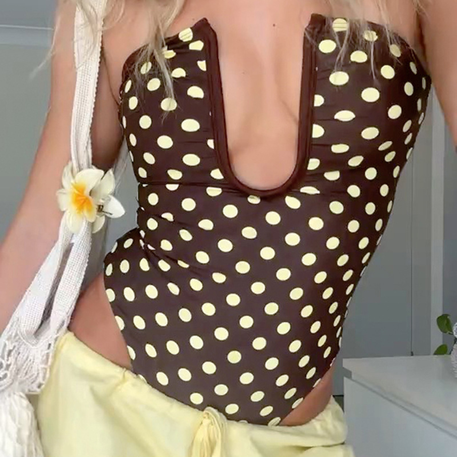 Strapless One Piece Swimsuit F - Swimsuit Bikini Ruched บทวิจารณ์และราคา