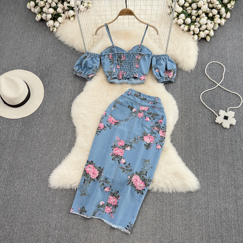 Fashion Floral Print Denim Ski - Romper Floral Print บทวิจารณ์และราคา