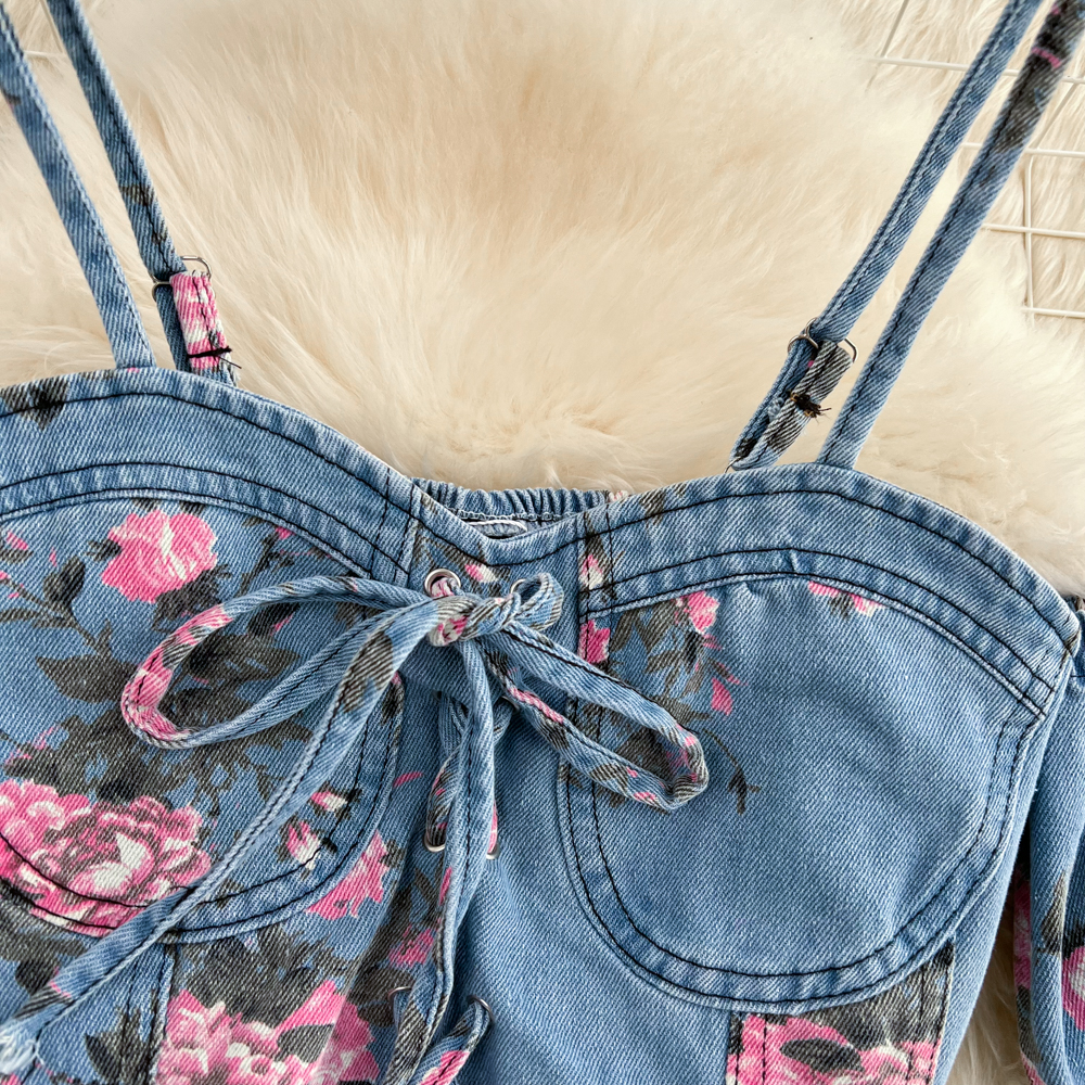 Fashion Floral Print Denim Ski - Romper Floral Print บทวิจารณ์และราคา
