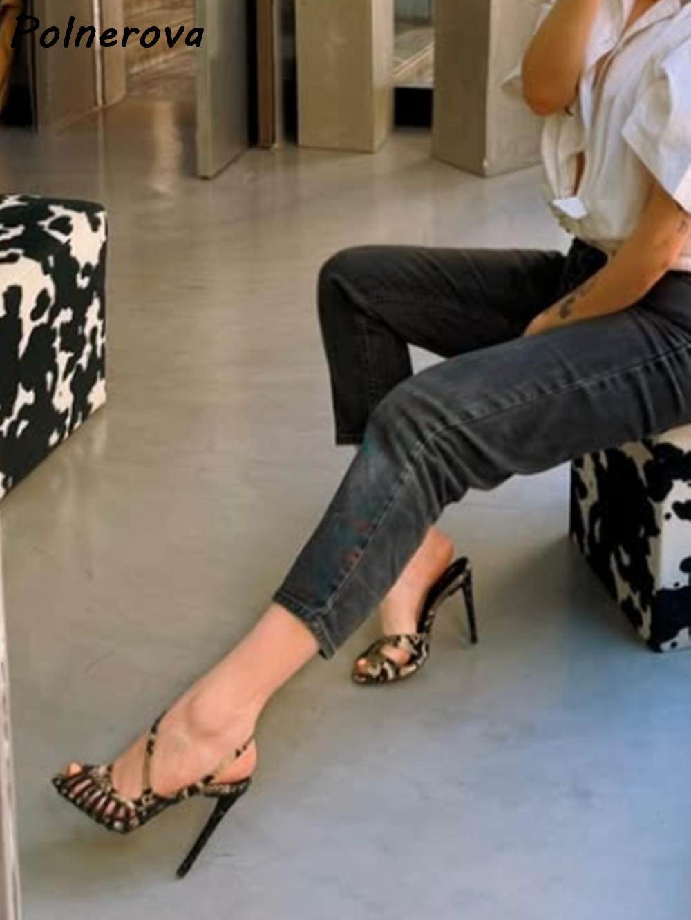 Snake Print Caged Cutout Sanda - Sandal Strappy Heeled บทวิจารณ์และราคา