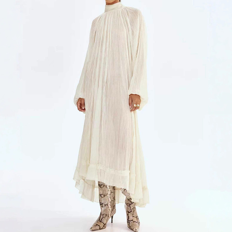 Ladies O-neck Long Sleeved Ple - Linen Dress Wrap บทวิจารณ์และราคา