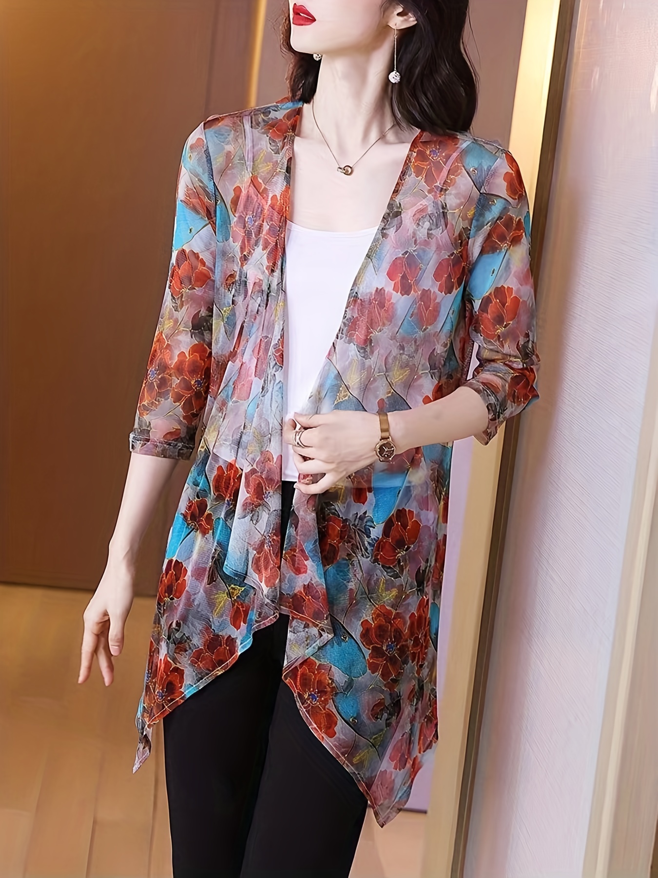 Women's Elegant Sheer Mesh Car - Kimono Sheer Floral บทวิจารณ์และราคา