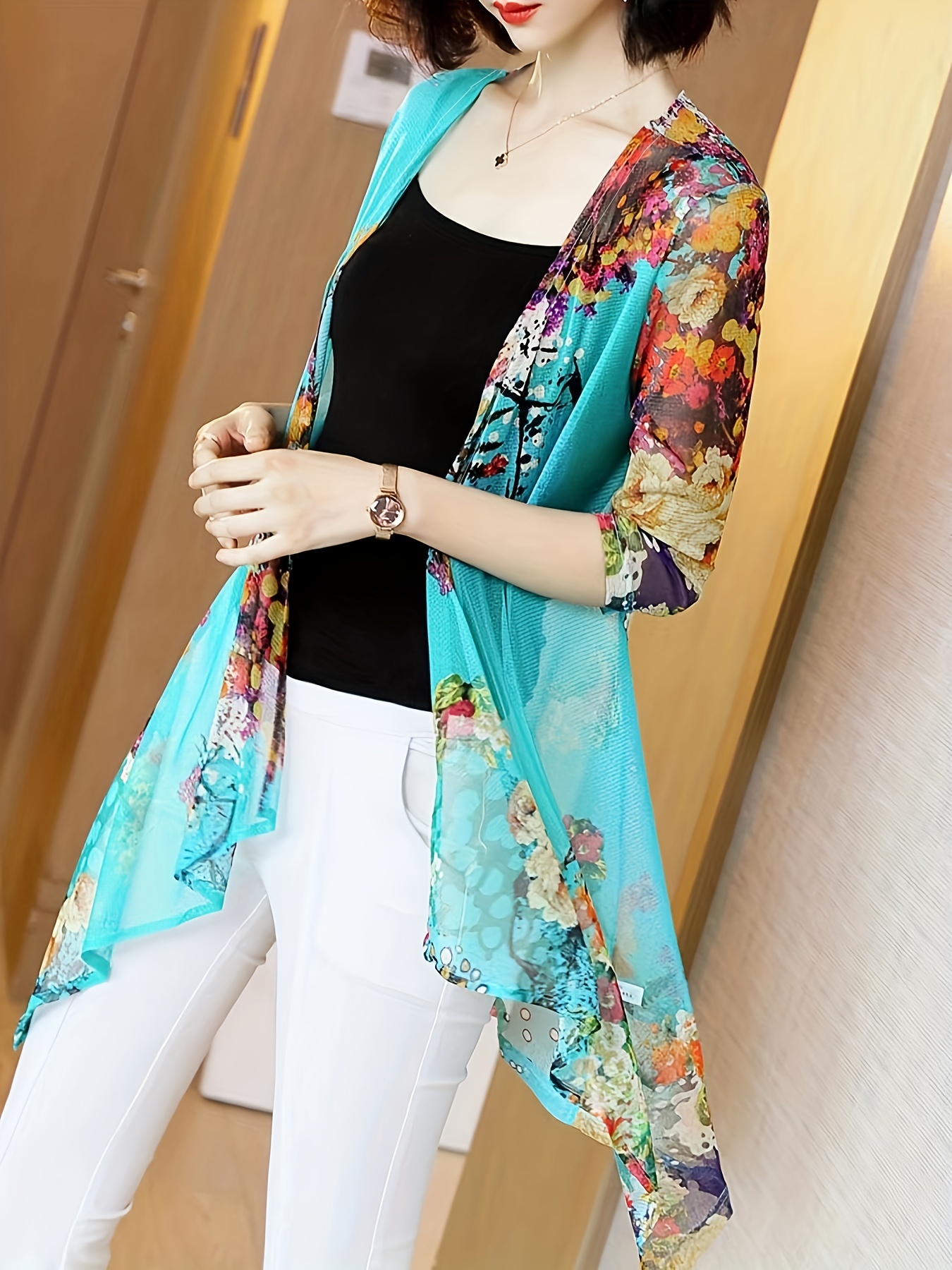 Women's Elegant Sheer Mesh Car - Kimono Sheer Floral บทวิจารณ์และราคา
