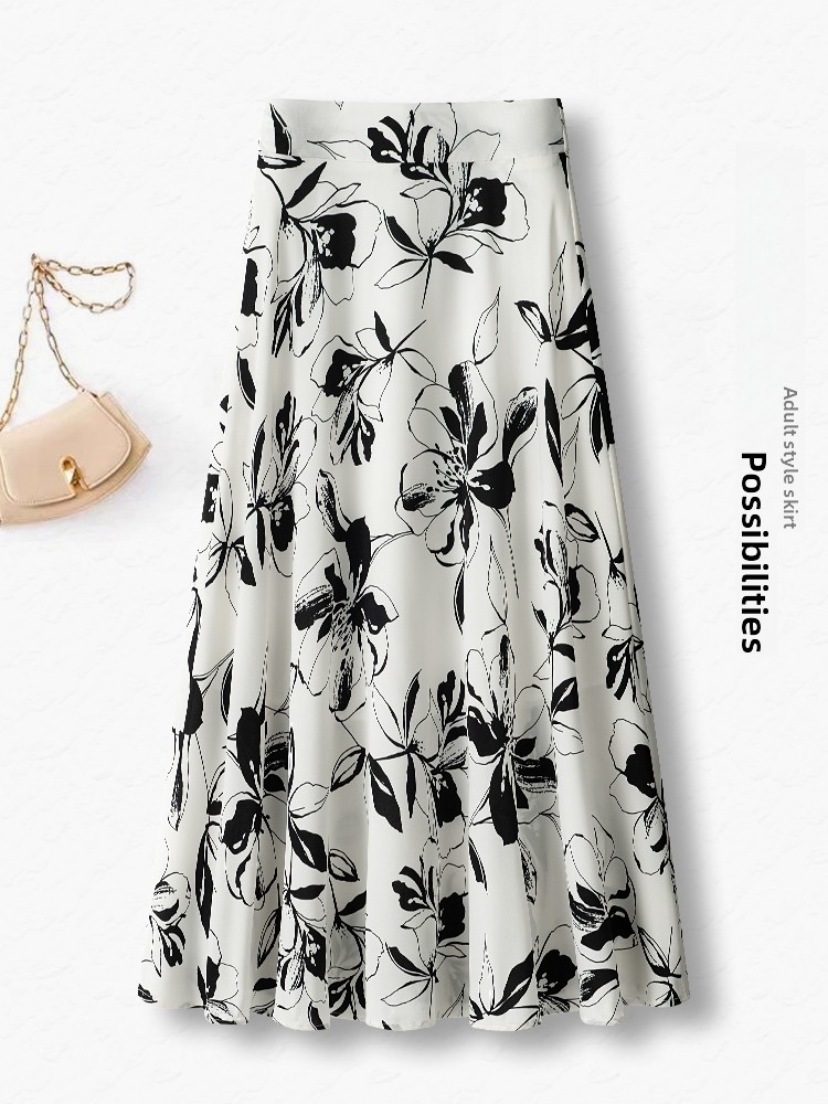 Summer Thin High Waist A-Line  - Midi Skirt Floral บทวิจารณ์และราคา