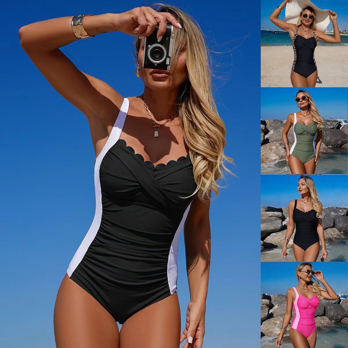 Black Swimsuit Scalloped Neckl - Swimsuit Bikini Ruched บทวิจารณ์และราคา