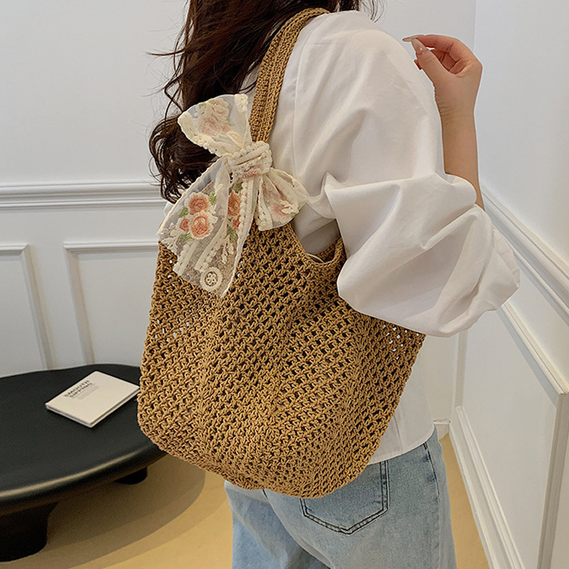 Summer Lace Bow Tote Bags Wome - Crochet Bag Raffia บทวิจารณ์และราคา