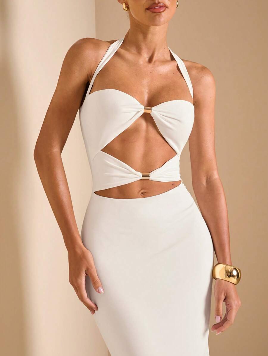 White Cut Out Halter Neck Fitt - Maxi Dress Halter บทวิจารณ์และราคา