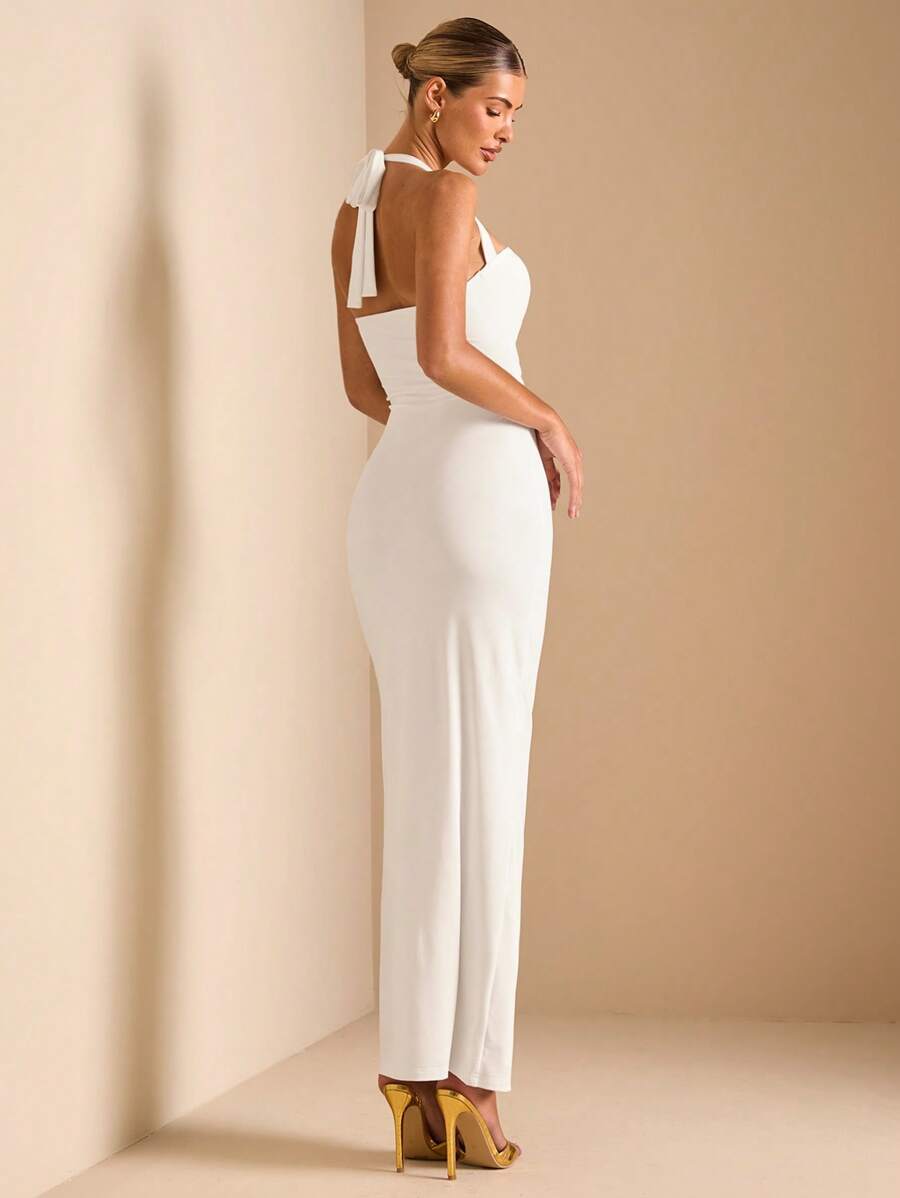 White Cut Out Halter Neck Fitt - Maxi Dress Halter บทวิจารณ์และราคา