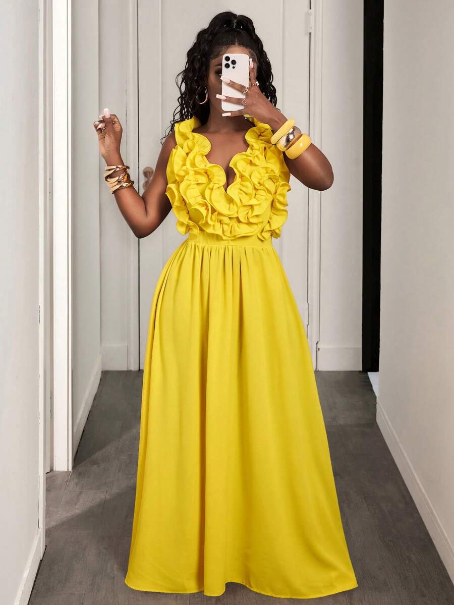 Yellow Deep V-Neck Ruffle Halt - Maxi Dress Halter บทวิจารณ์และราคา