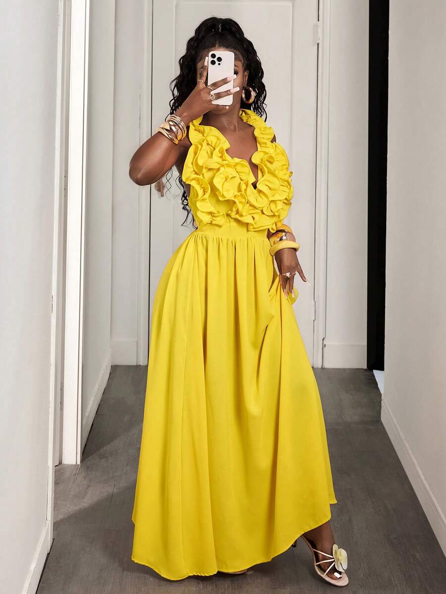 Yellow Deep V-Neck Ruffle Halt - Maxi Dress Halter บทวิจารณ์และราคา