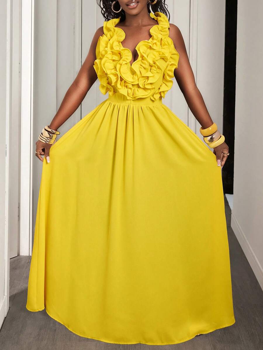 Yellow Deep V-Neck Ruffle Halt - Maxi Dress Halter บทวิจารณ์และราคา