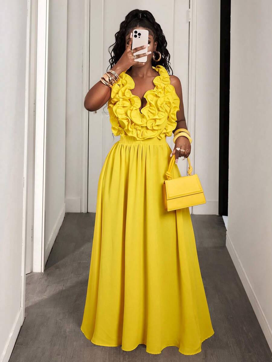 Yellow Deep V-Neck Ruffle Halt - Maxi Dress Halter บทวิจารณ์และราคา