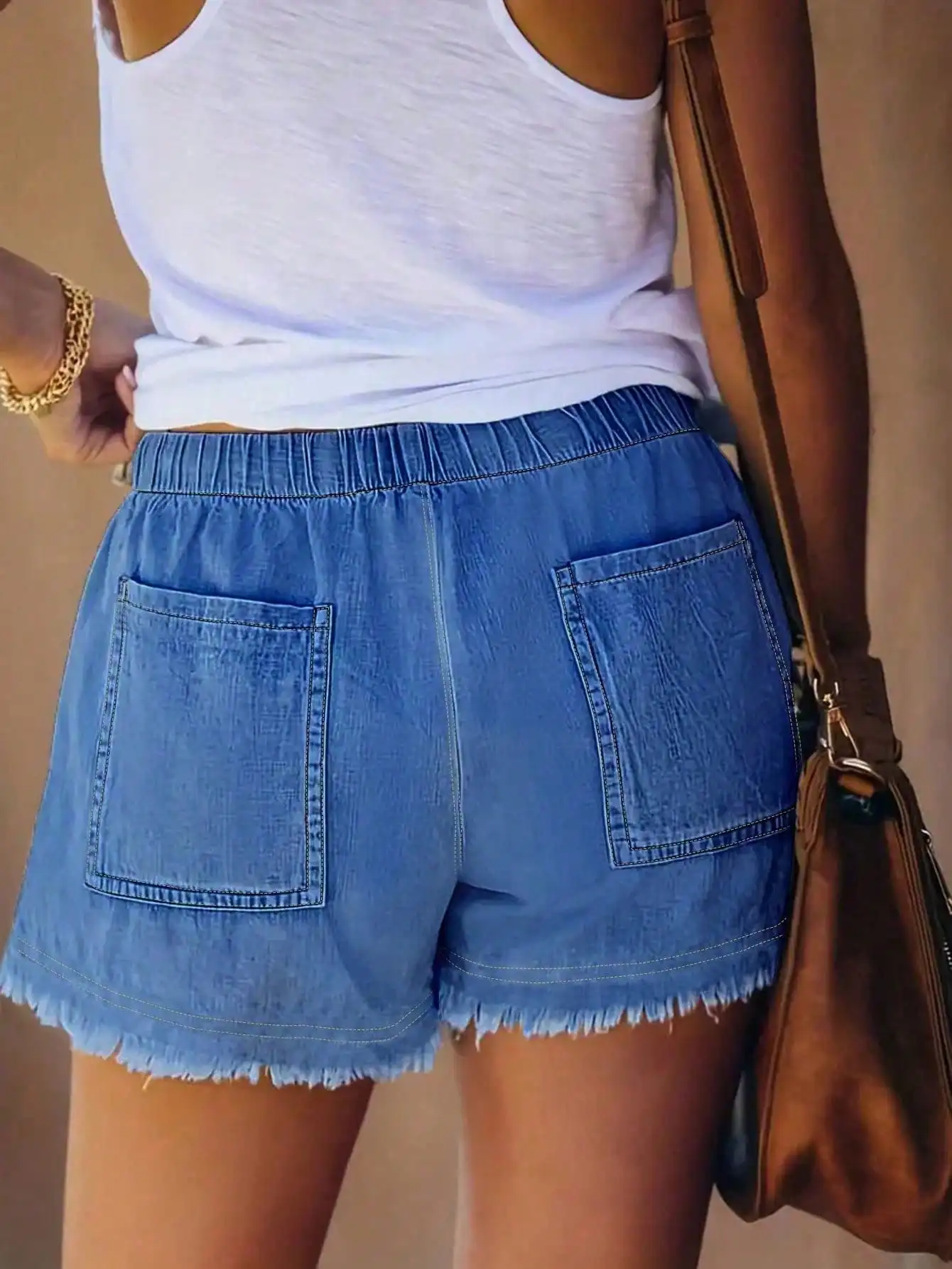 Women's Elastic Waist Frayed H - Shorts Denim Frayed บทวิจารณ์และราคา
