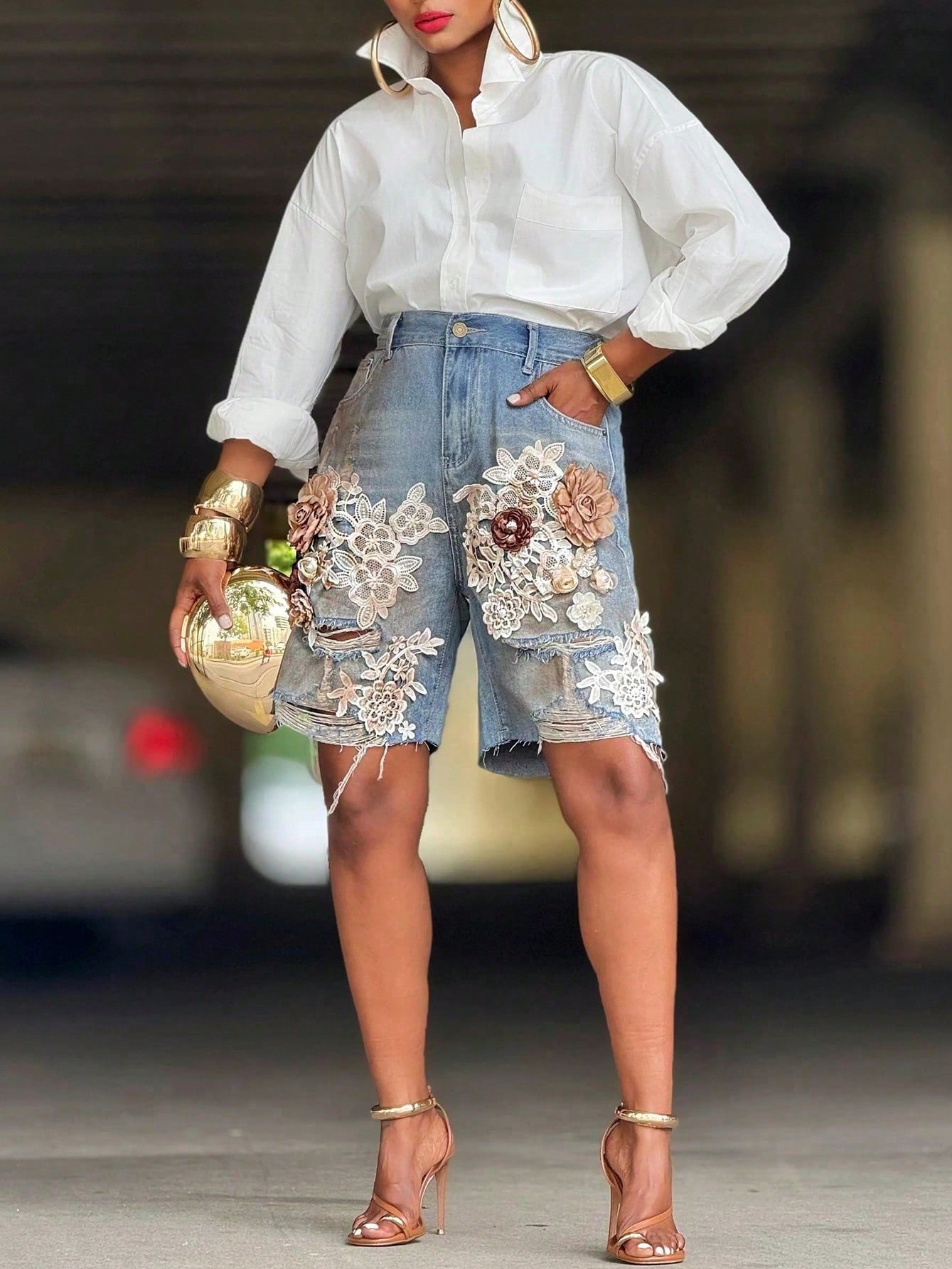 GLOURI Women 3D Floral Appliqu - Shorts Denim Frayed บทวิจารณ์และราคา