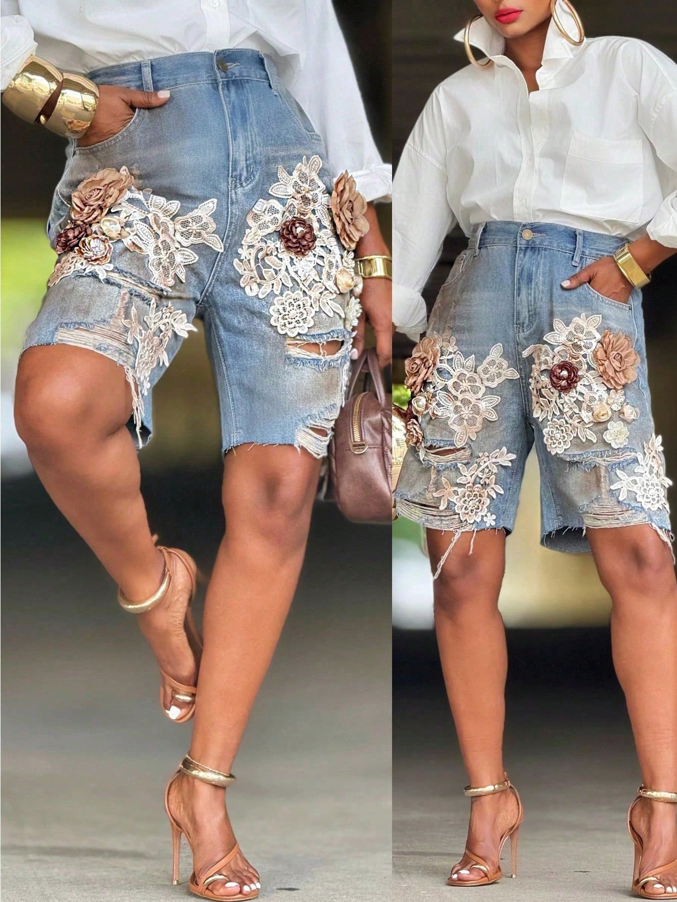 GLOURI Women 3D Floral Appliqu - Shorts Denim Frayed บทวิจารณ์และราคา