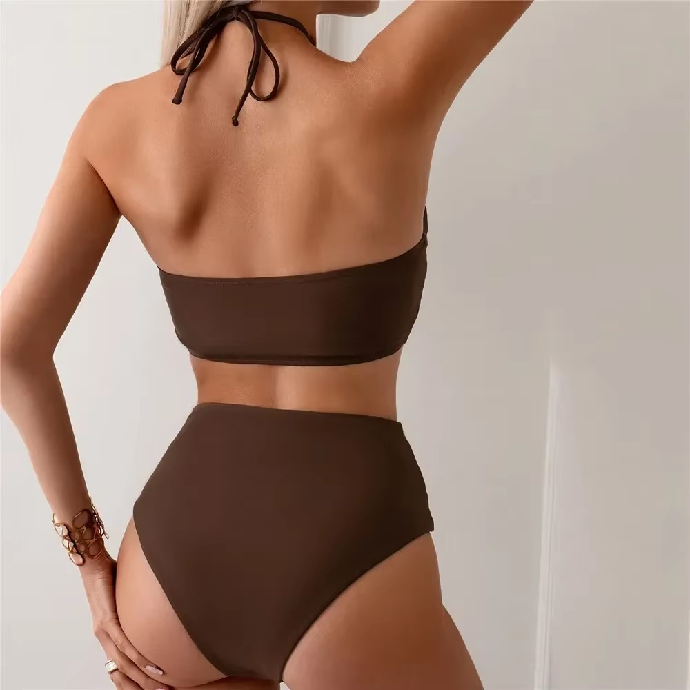 Dark Brown Solid Swimwears Hal - Swimsuit Bikini Ruched บทวิจารณ์และราคา