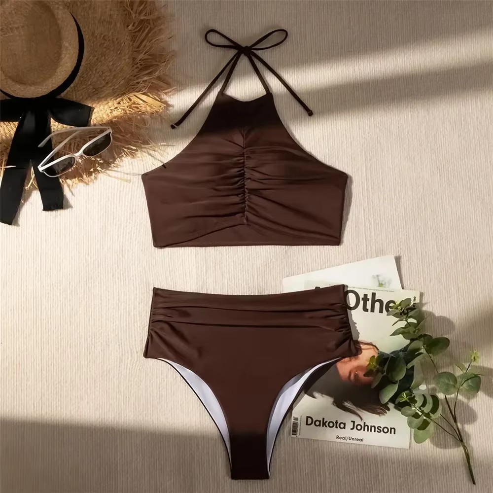 Dark Brown Solid Swimwears Hal - Swimsuit Bikini Ruched บทวิจารณ์และราคา