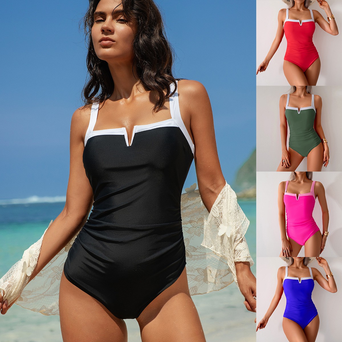 Black Swimsuit V Neck Red Biki - Swimsuit Bikini Ruched บทวิจารณ์และราคา