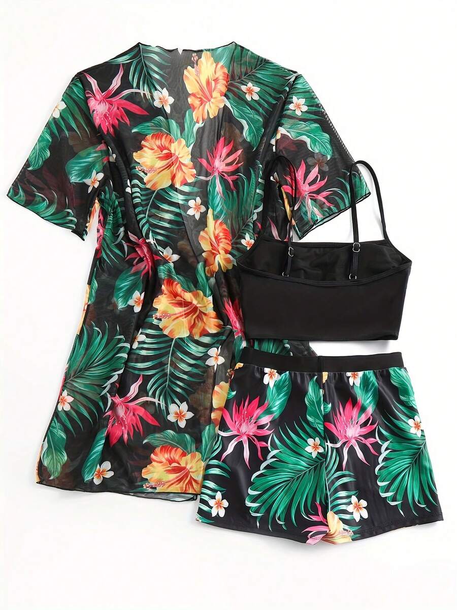 Floral Print 3-Piece Swim Set: - Kimono Sheer Floral บทวิจารณ์และราคา
