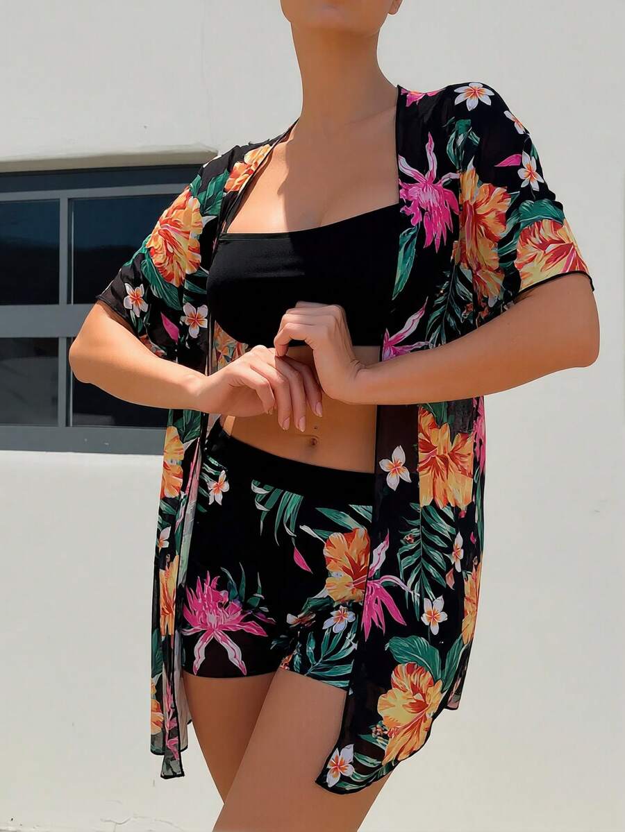 Floral Print 3-Piece Swim Set: - Kimono Sheer Floral บทวิจารณ์และราคา