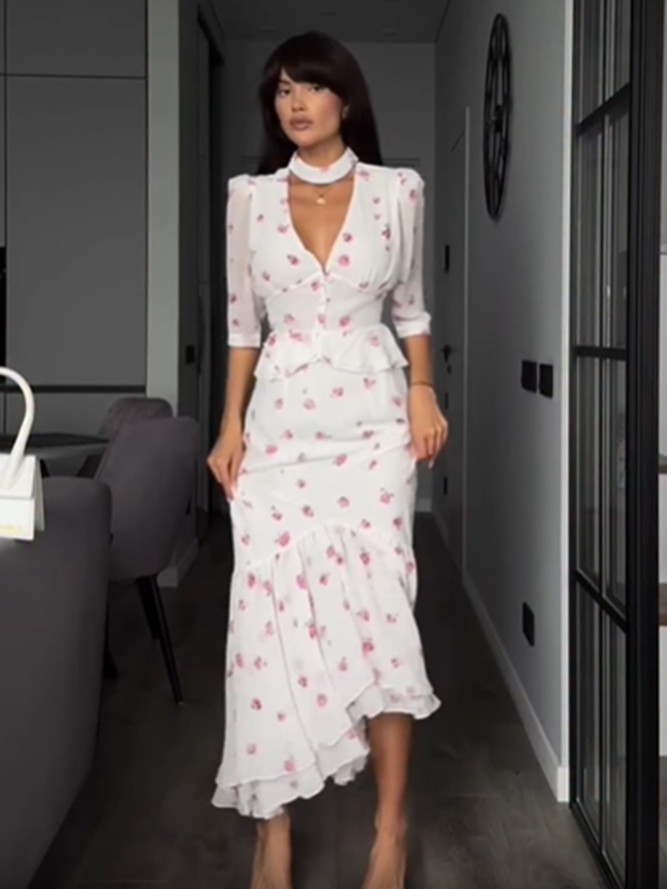 Women White Pink Floral Choker - Midi Skirt Floral บทวิจารณ์และราคา