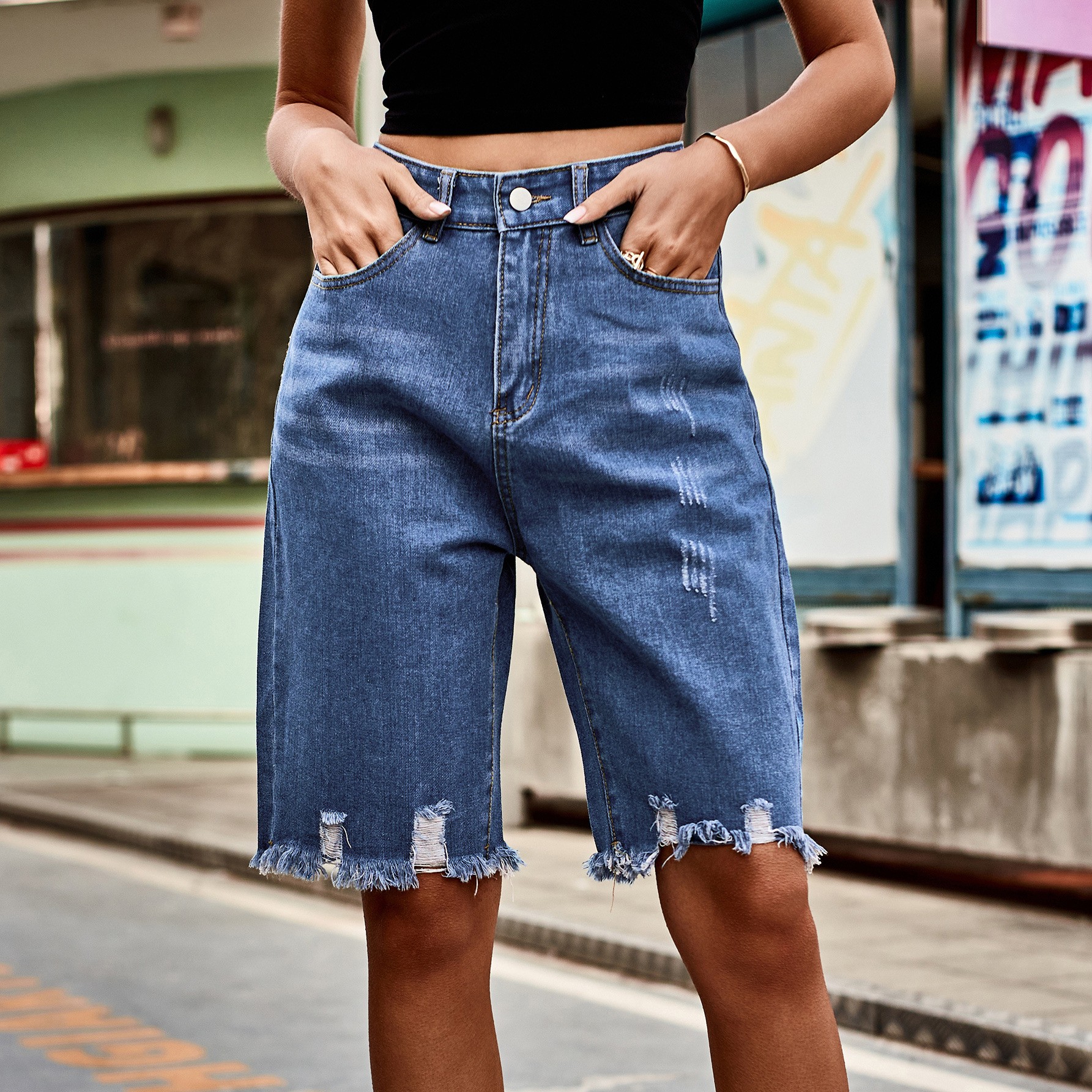 Summer Women's Clothing Distre - Shorts Denim Frayed บทวิจารณ์และราคา
