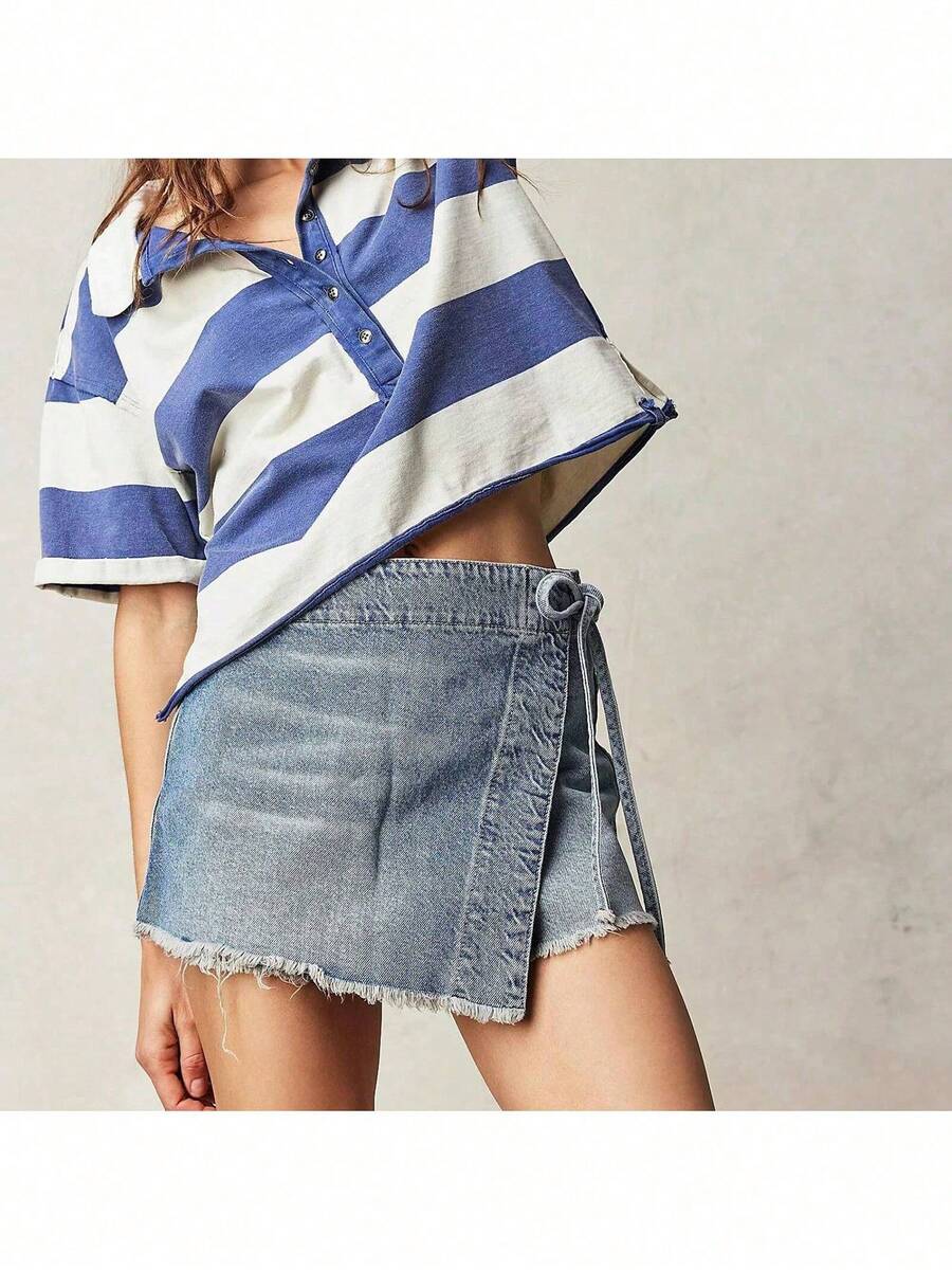 Women Denim Wrap Skort High Wa - Shorts Denim Frayed บทวิจารณ์และราคา