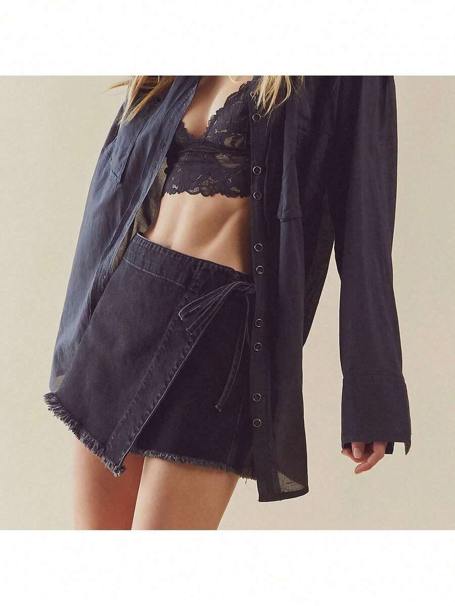 Women Denim Wrap Skort High Wa - Shorts Denim Frayed บทวิจารณ์และราคา