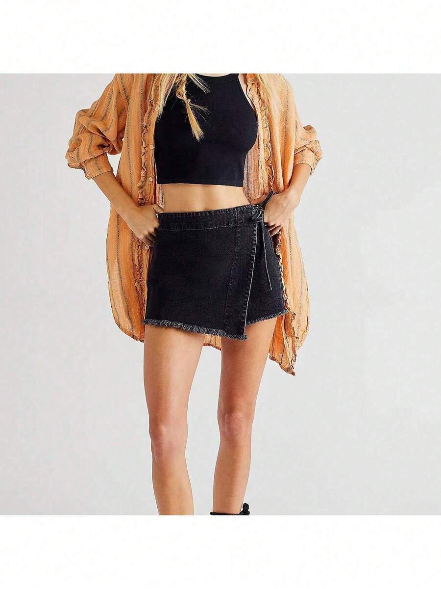 Women Denim Wrap Skort High Wa - Shorts Denim Frayed บทวิจารณ์และราคา