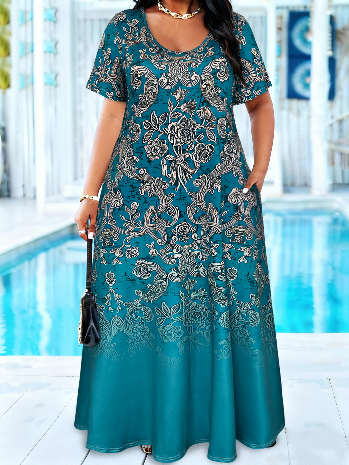 Plus Size Teal Baroque Floral  - Romper Floral Print บทวิจารณ์และราคา