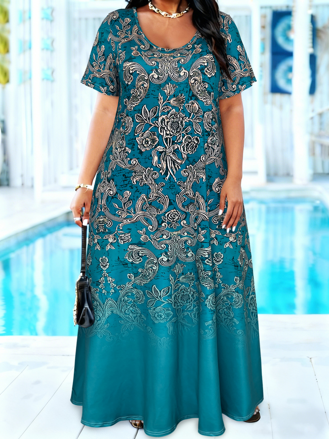 Plus Size Teal Baroque Floral  - Romper Floral Print บทวิจารณ์และราคา