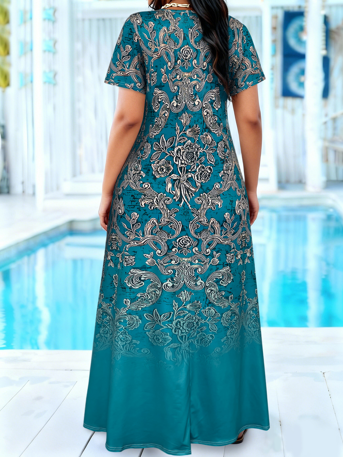 Plus Size Teal Baroque Floral  - Romper Floral Print บทวิจารณ์และราคา
