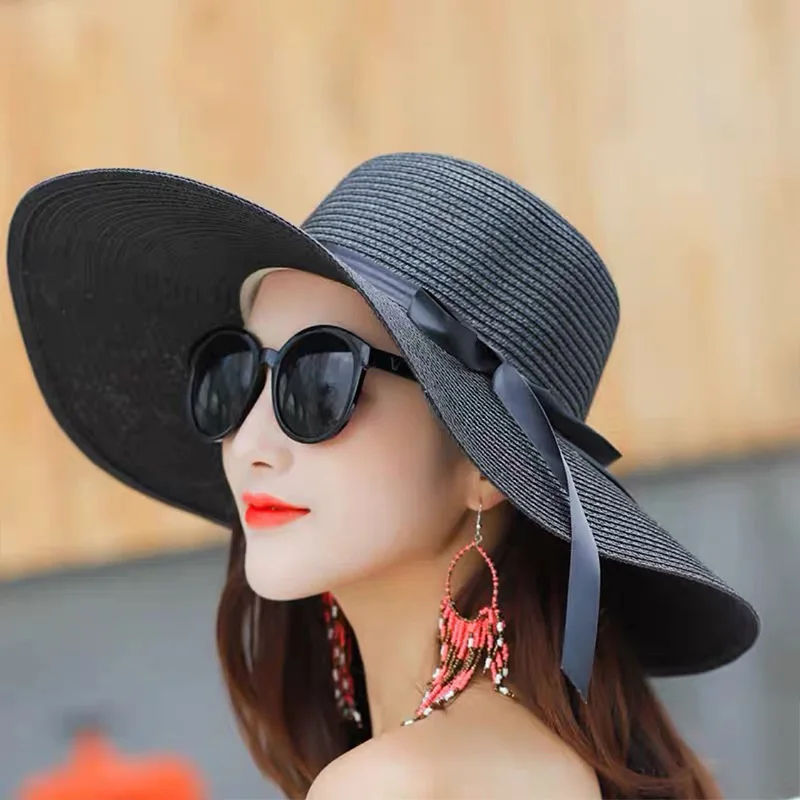 Summer Women Straw Hat Bowknot - Hat Floppy Wide บทวิจารณ์และราคา