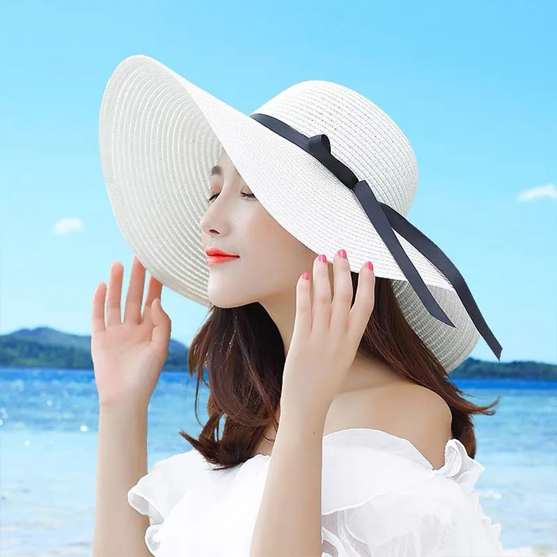 Summer Women Straw Hat Bowknot - Hat Floppy Wide บทวิจารณ์และราคา