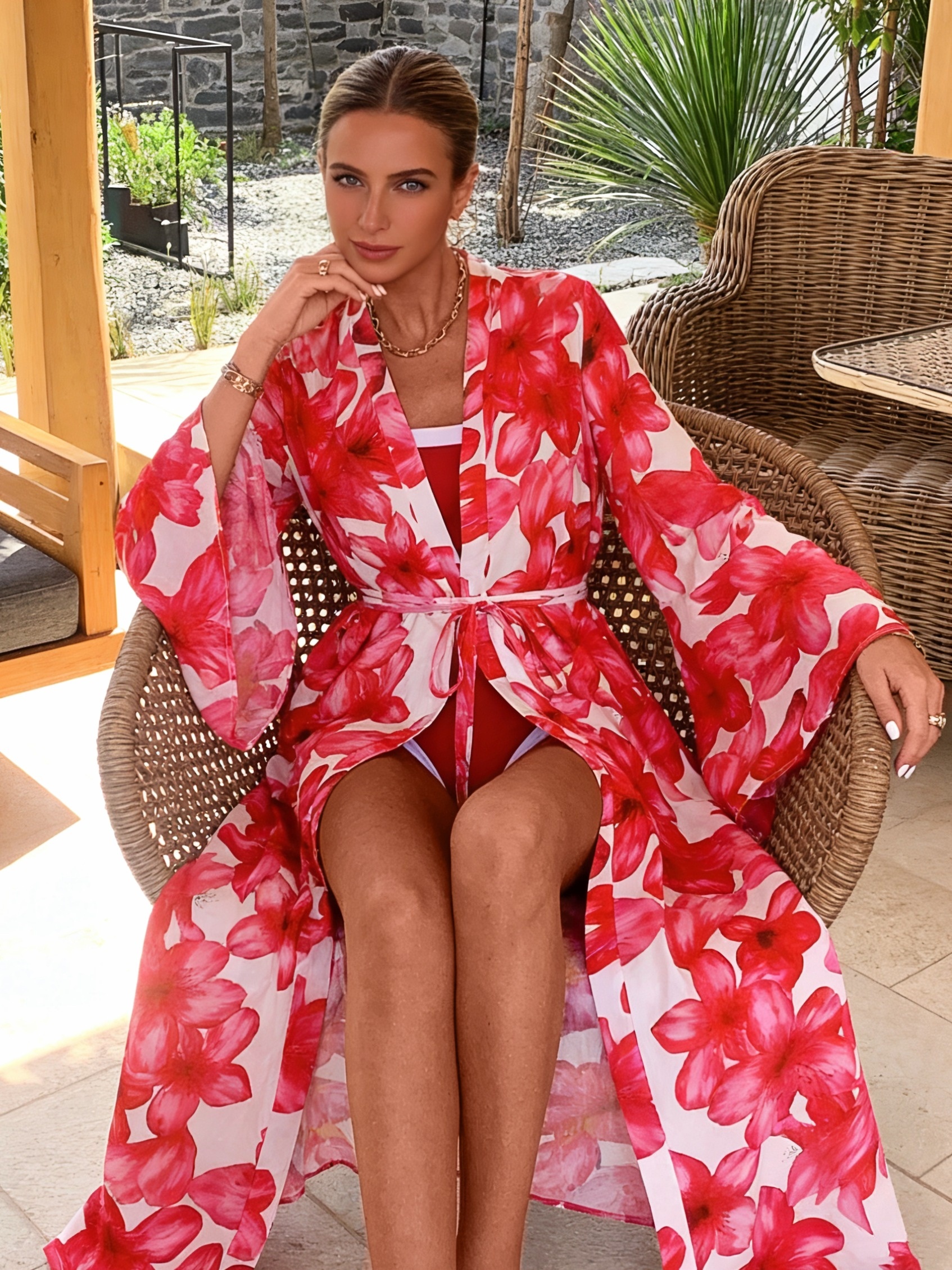 Women's Red Floral Kimono Robe - Kimono Sheer Floral บทวิจารณ์และราคา