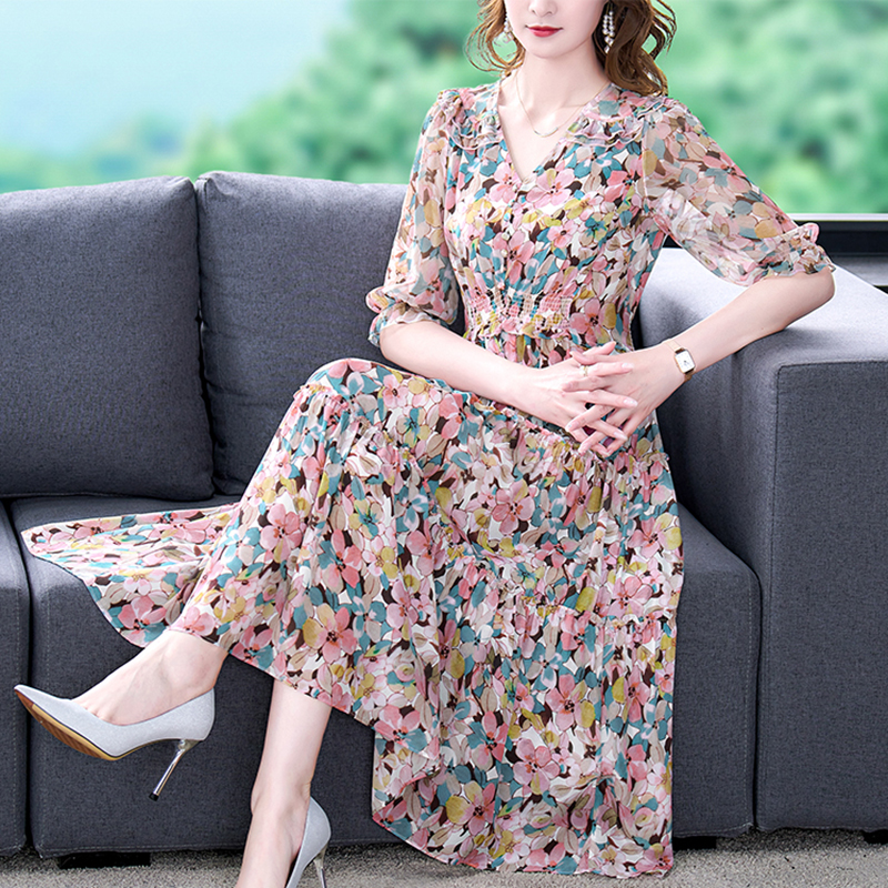 Summer Floral Natural Silk V-N - Midi Skirt Floral บทวิจารณ์และราคา