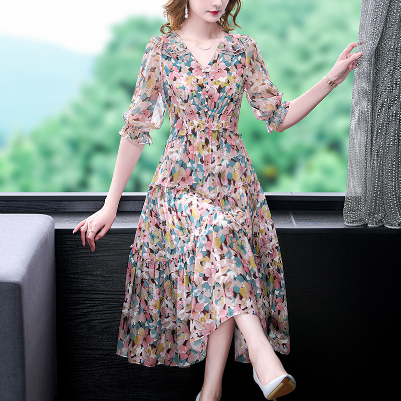 Summer Floral Natural Silk V-N - Midi Skirt Floral บทวิจารณ์และราคา