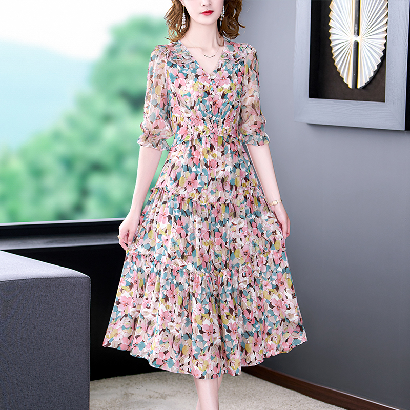 Summer Floral Natural Silk V-N - Midi Skirt Floral บทวิจารณ์และราคา
