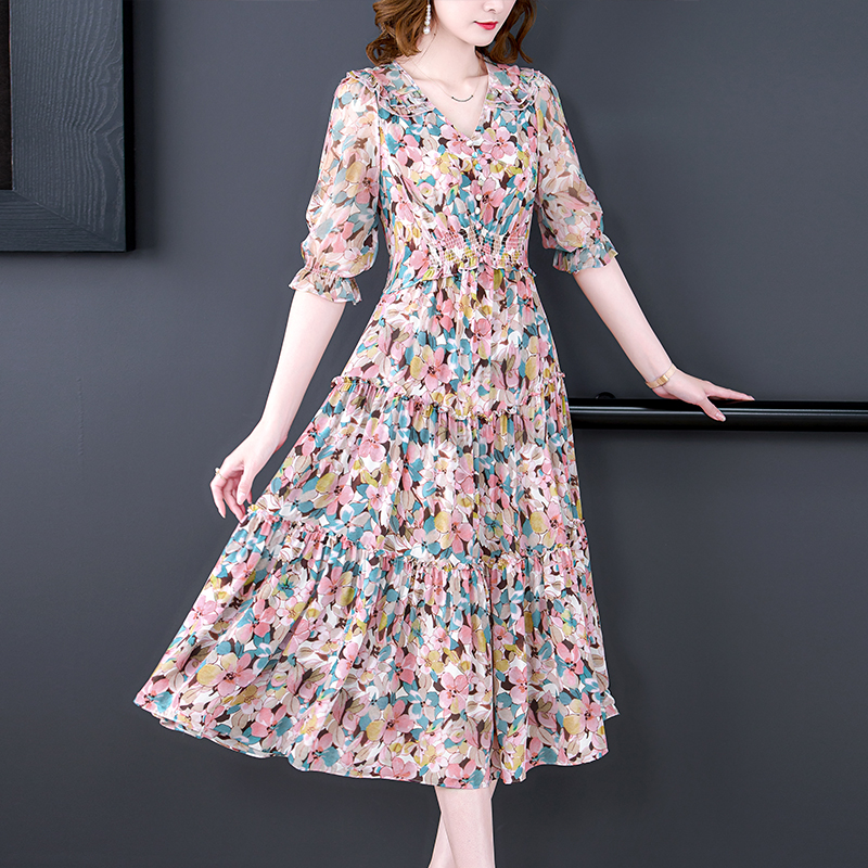 Summer Floral Natural Silk V-N - Midi Skirt Floral บทวิจารณ์และราคา