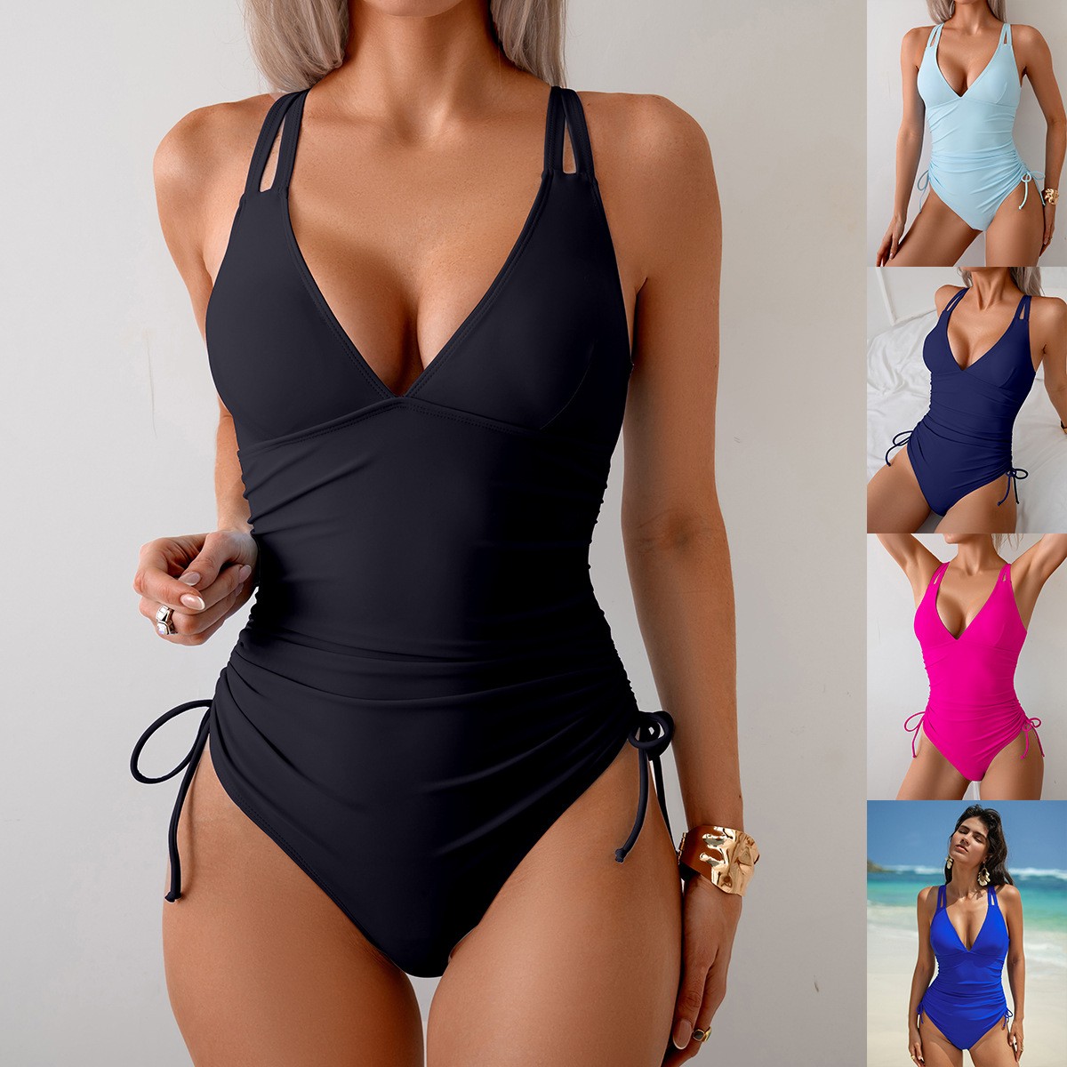 Solid Black Swimsuit V Neck Ru - Swimsuit Bikini Ruched บทวิจารณ์และราคา