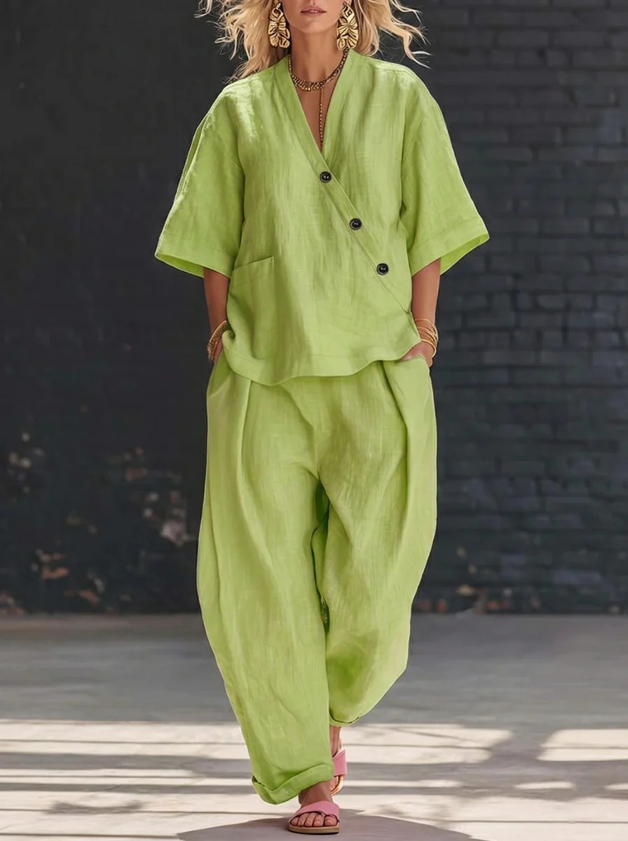 Women’s Two Piece Set Loose V  - Linen Pant Wide บทวิจารณ์และราคา