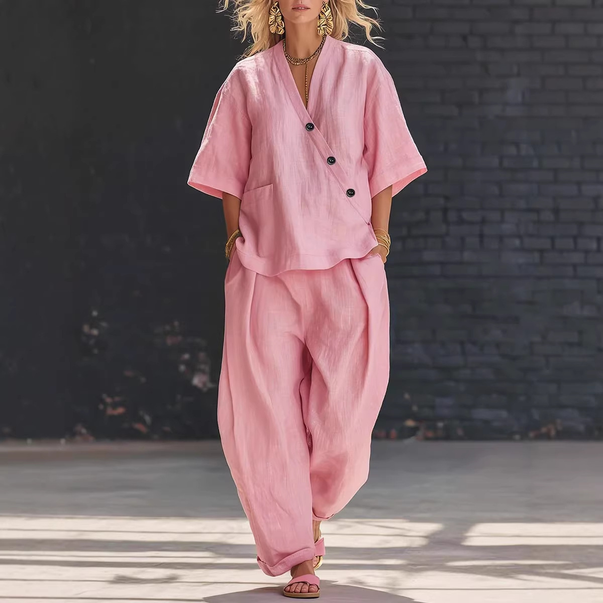 Women’s Two Piece Set Loose V  - Linen Pant Wide บทวิจารณ์และราคา